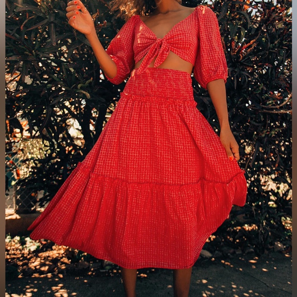 Lulus Sunshine Girl Red Plaid Tie-Front Two-Piece Dress Set